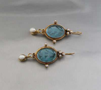 Blue Glass Intaglio Earrings, Victorian Style, 18K Gold Vermeil, photo 14