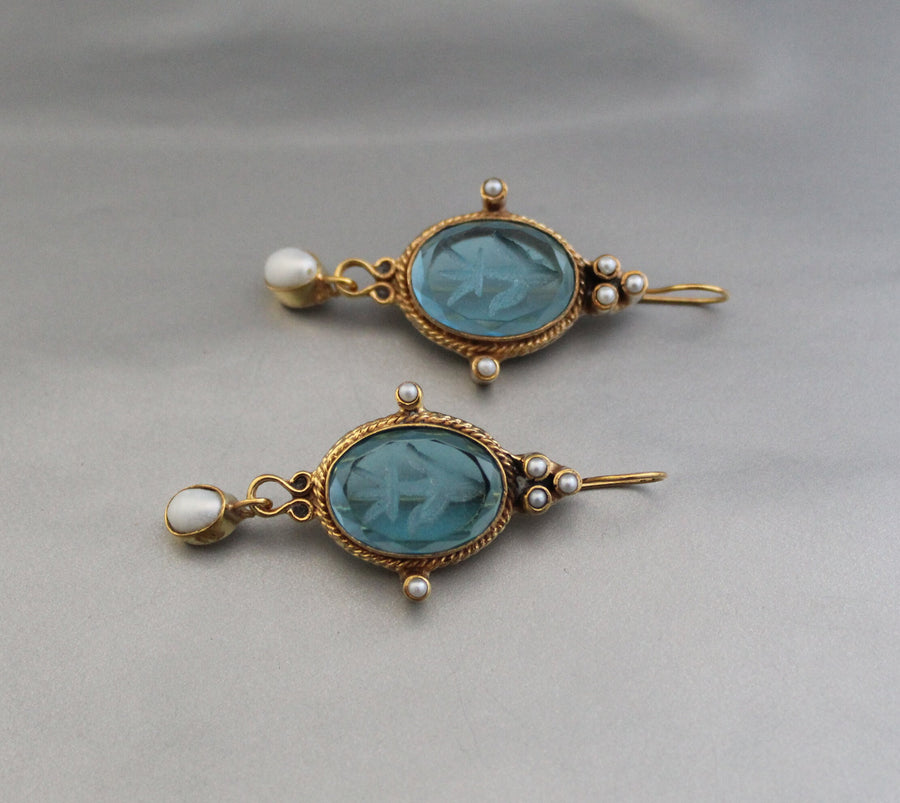 Blue Glass Intaglio Earrings, Victorian Style, 18K Gold Vermeil, photo 14