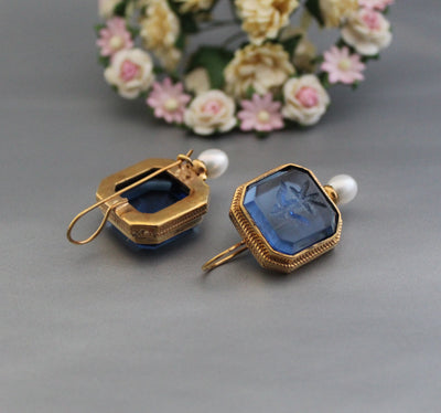 Blue Glass Intaglio Earrings, Victorian Pearl Drops, Gold Vermeil, photo 8