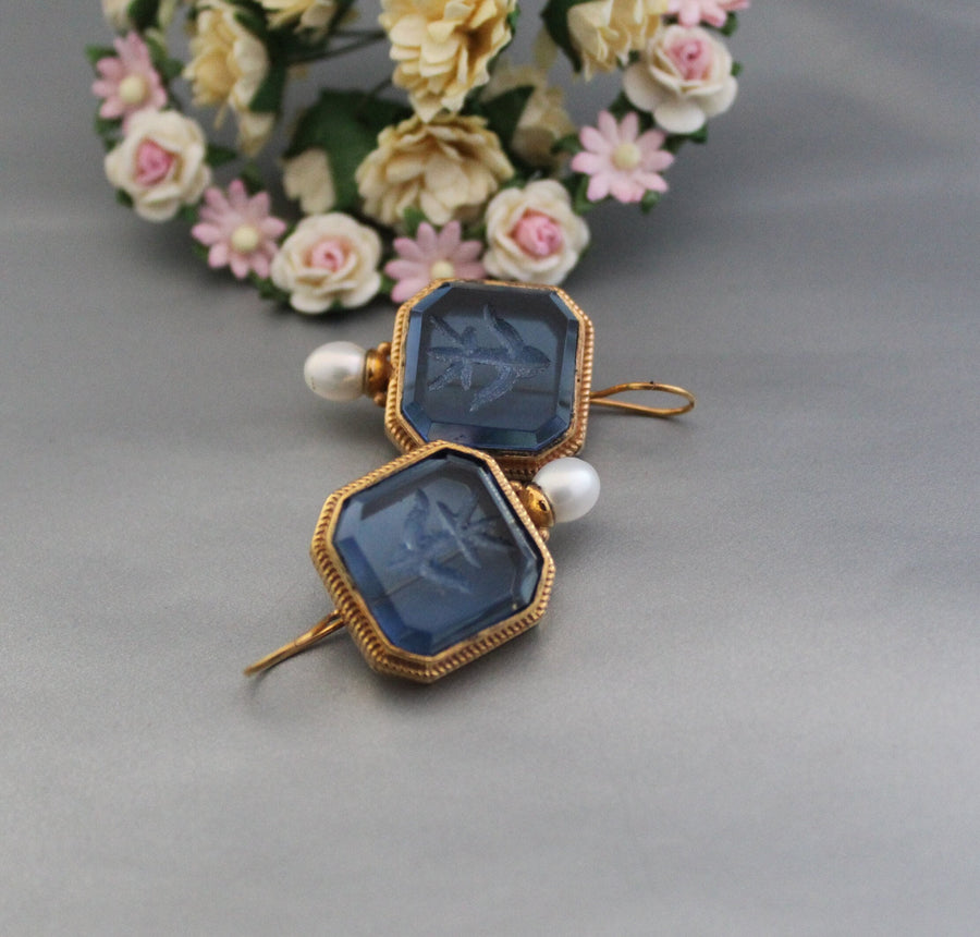 Blue Glass Intaglio Earrings, Victorian Pearl Drops, Gold Vermeil, photo 6
