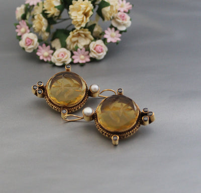Yellow Intaglio Glass Earrings, Bridal Pearl Accent, Brass, photo 7