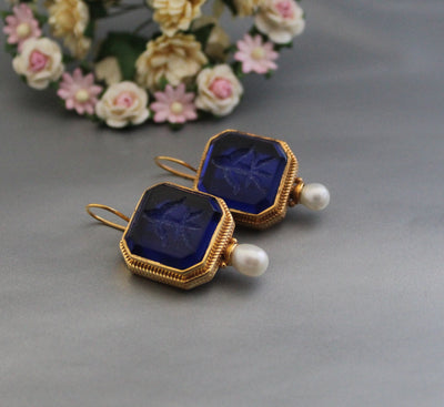 Dark Blue Intaglio Cameo Earrings, Vintage Style, 18K Gold, photo 4