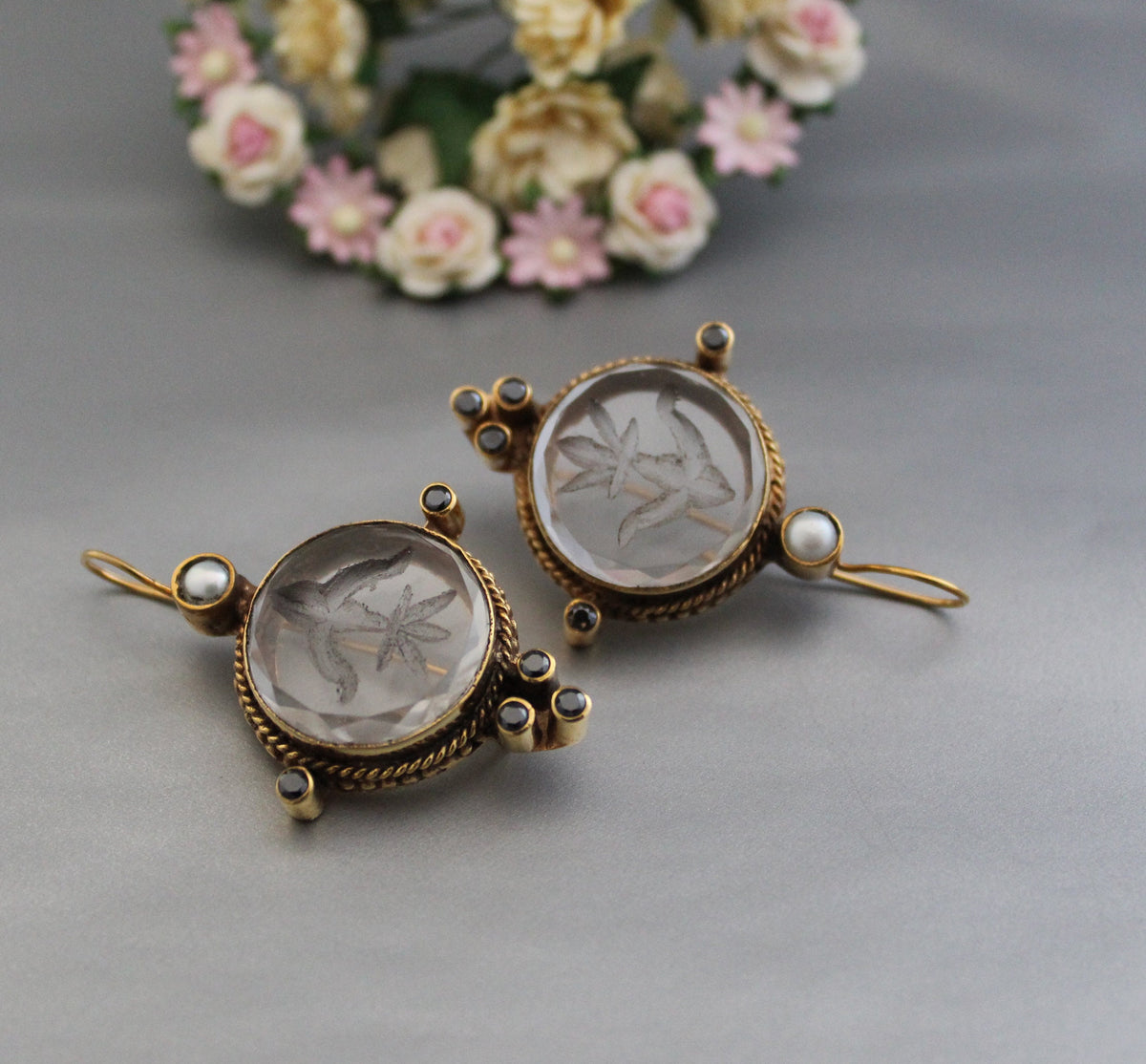 Intaglio Crystal Earrings, Edwardian Style, 18K Gold Vermeil, photo 5