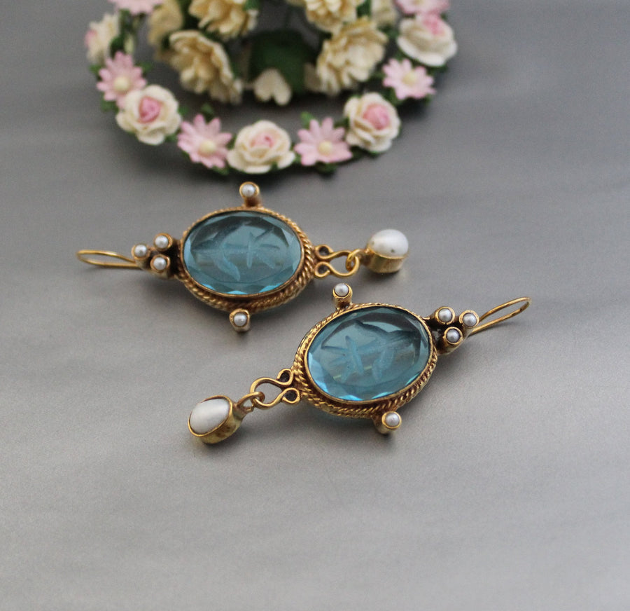 Blue Glass Intaglio Earrings, Victorian Style, 18K Gold Vermeil