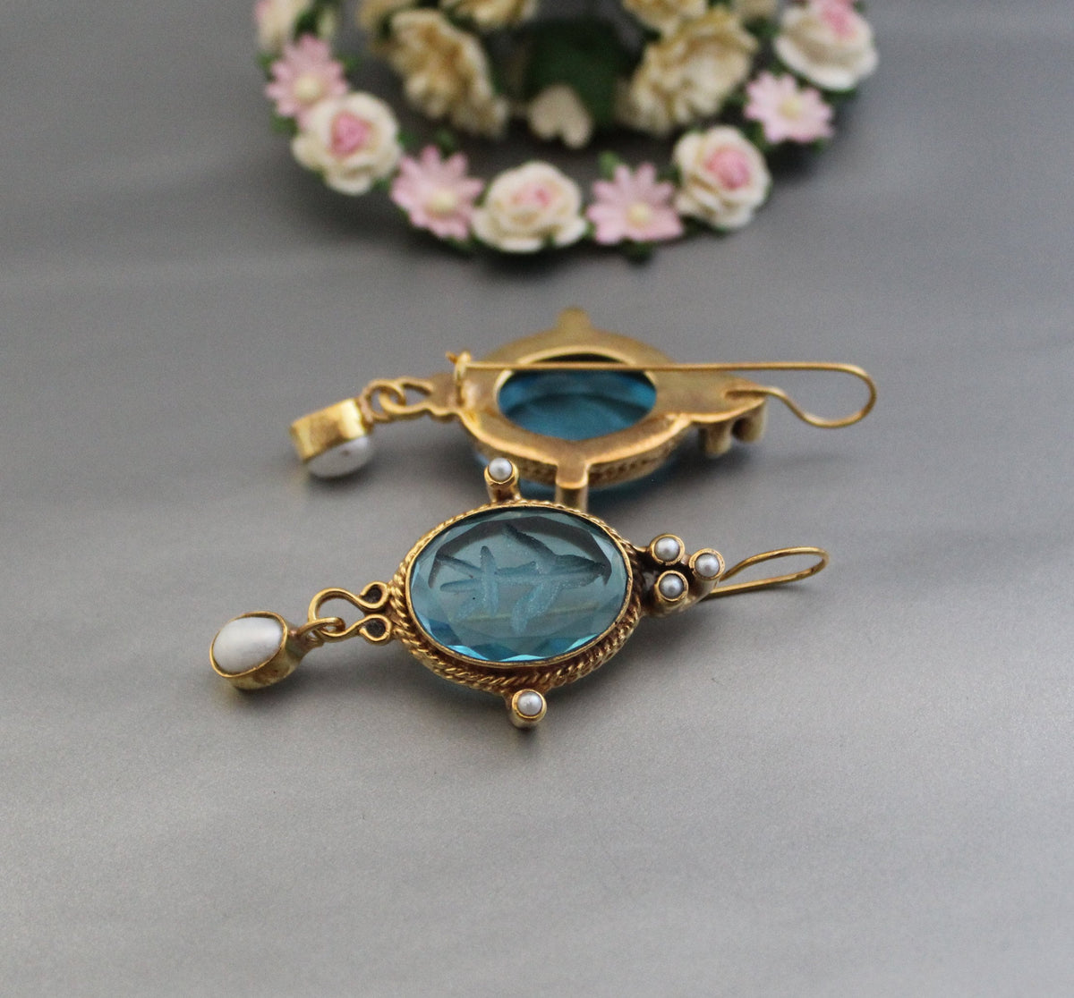 Blue Glass Intaglio Earrings, Victorian Style, 18K Gold Vermeil, photo 2