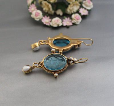 Blue Glass Intaglio Earrings, Victorian Style, 18K Gold Vermeil, photo 2