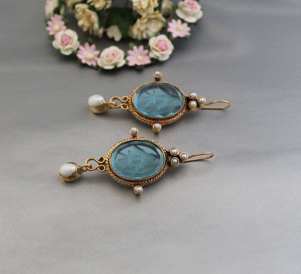 Blue Glass Intaglio Earrings, Victorian Style, 18K Gold Vermeil, photo 6