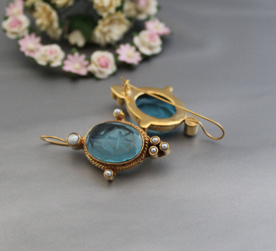 Blue Glass Intaglio Earrings, Victorian Style, 18K Gold Brass with Pearls, photo 4