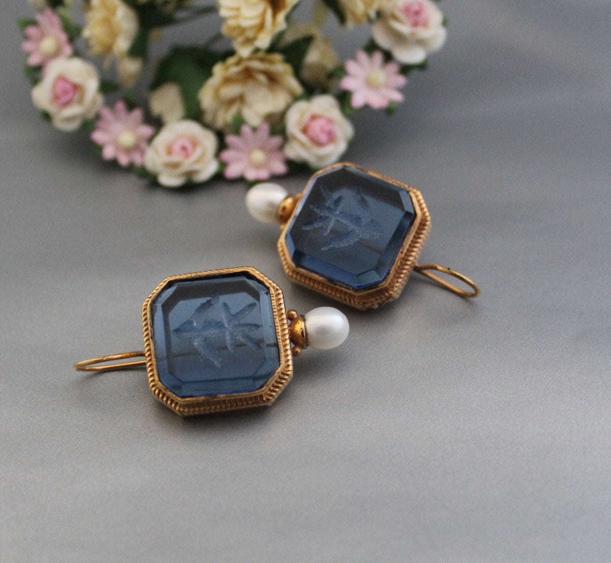 Blue Glass Intaglio Earrings, Victorian Pearl Drops, Gold Vermeil, photo 7