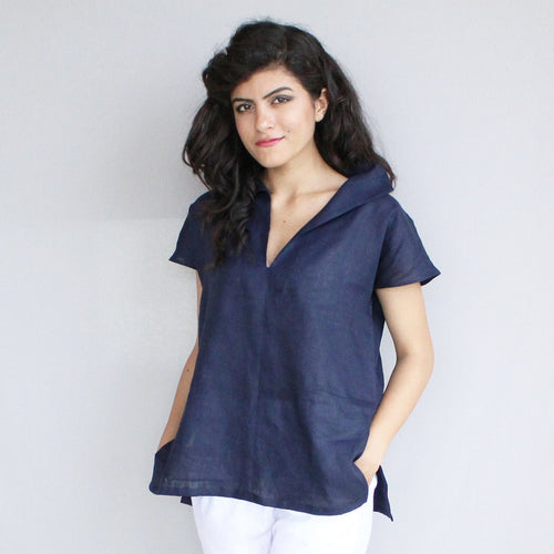 Handmade Linen Blouse: Loose V-Neck Boho Top, Casual Top, Women Blouse, Short Shirt, Loose Fit Tee, Summer Blouse
