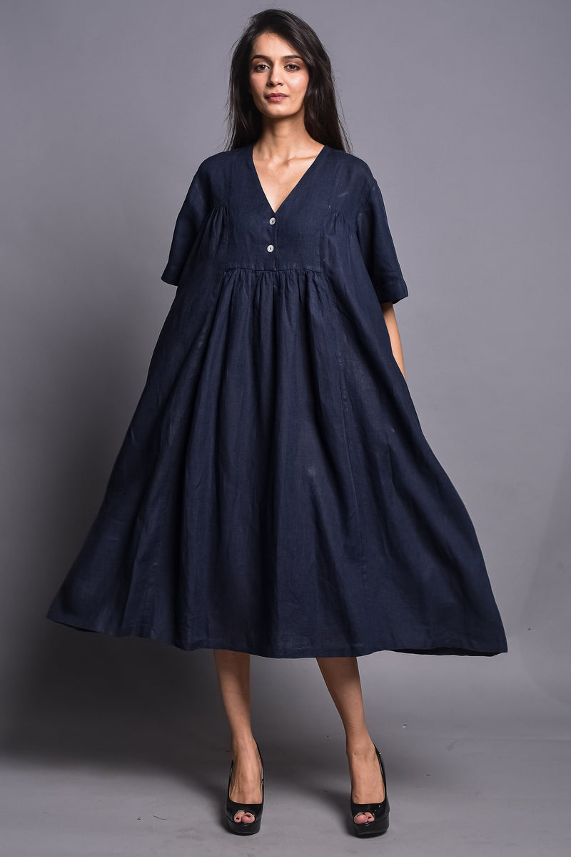 Blue Loose Fit Linen Tunic Dress