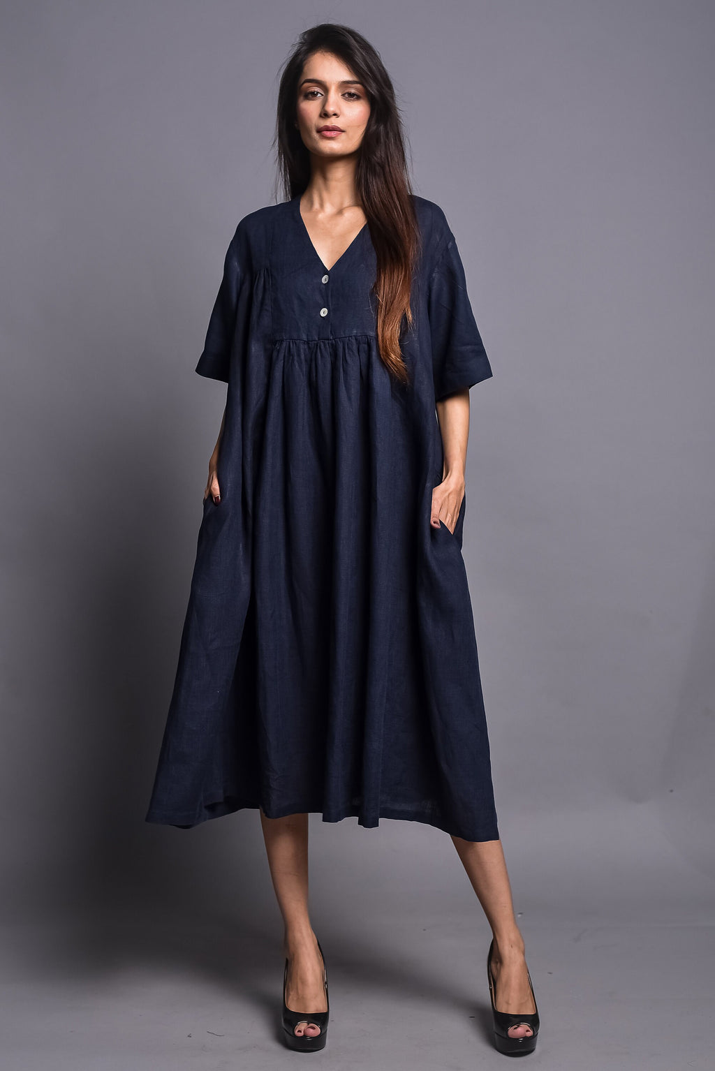 Blue Linen Tunic Dress Loose Fit Boho Plus Size Clothing Smock Dress Washed Natural Pure Linen Dress Pehrodesign Women Linen V-Neck Dress