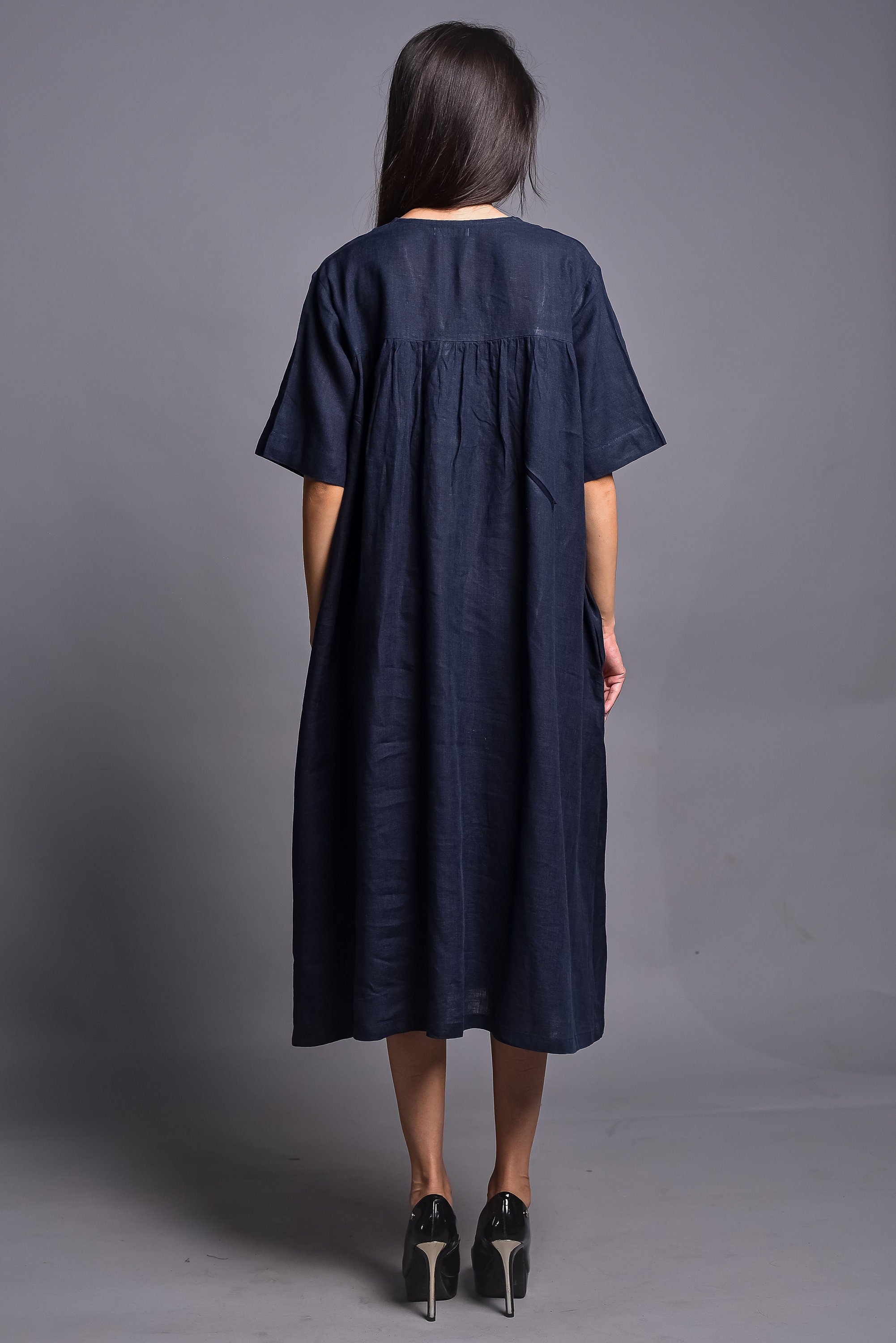 Blue Linen Tunic Dress Loose Fit Boho Plus Size Clothing Smock Dress Washed Natural Pure Linen Dress Pehrodesign Women Linen V-Neck Dress