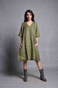 Pure Linen Tunic Dress: V-Neck, Half Sleeve, Plus Size