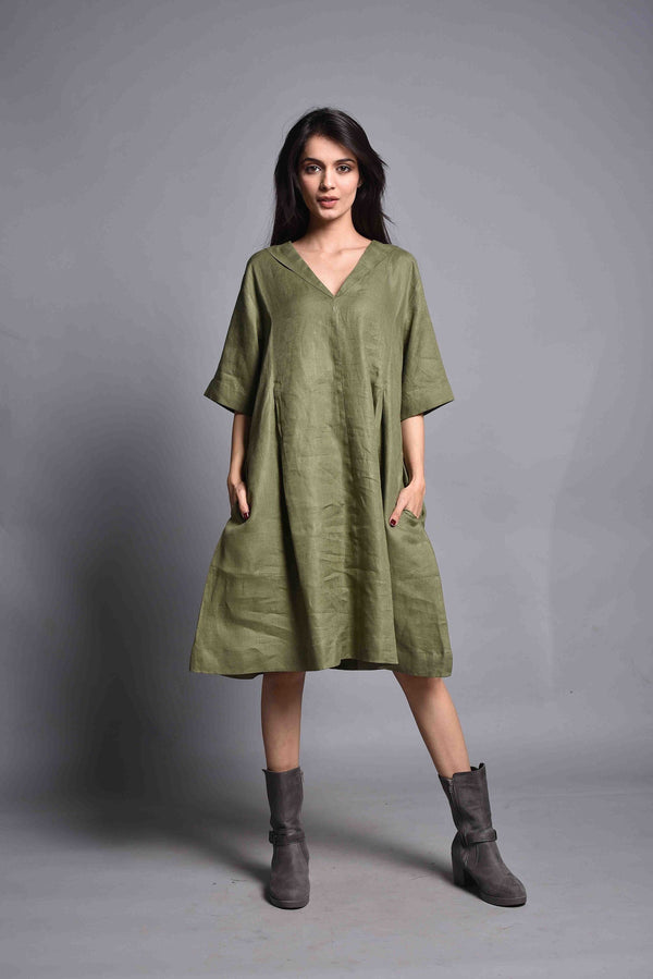 Linen Tunic Dress, V-Neck Half Sleeve