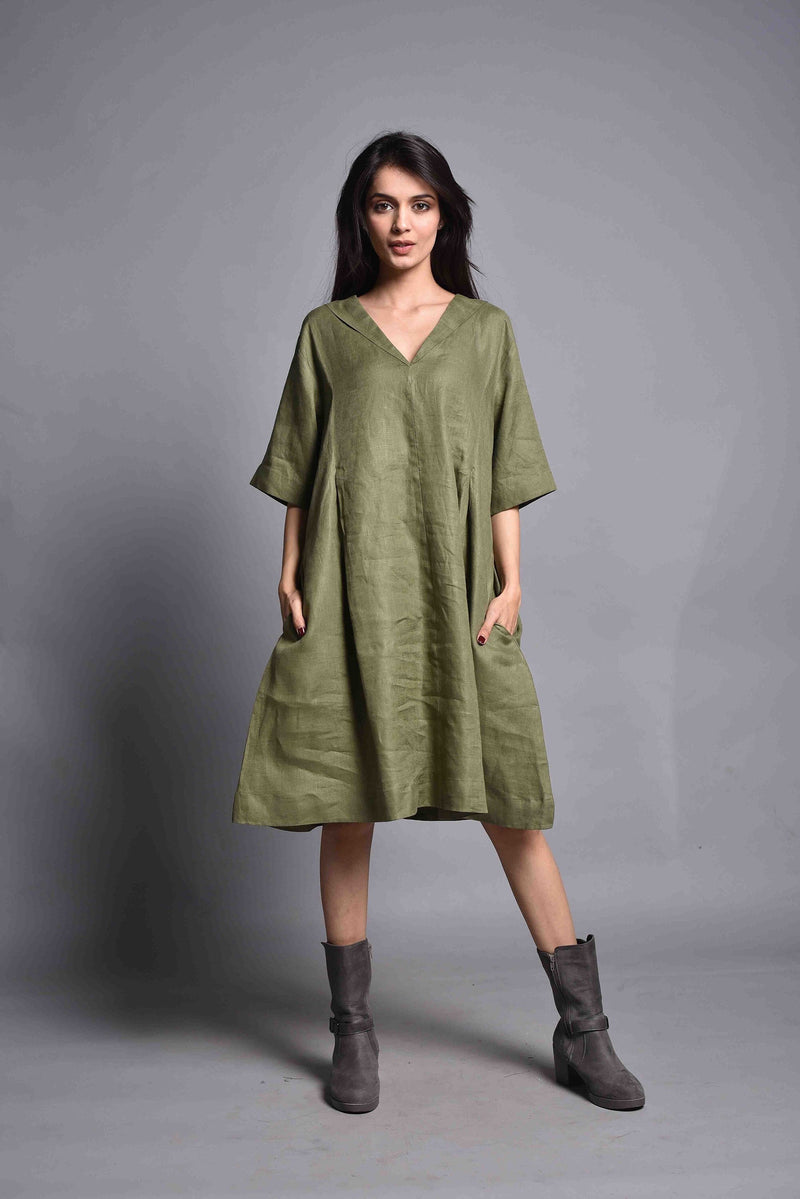 Linen Tunic Dress, V-Neck Half Sleeve