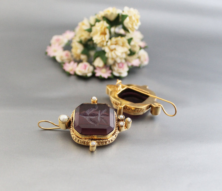 Purple Intaglio Glass Earrings, Victorian Style, Brass with Pearls, photo 5