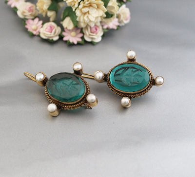 Green Glass Intaglio Earrings, Edwardian Style, Gold Vermeil with Pearls, photo 12