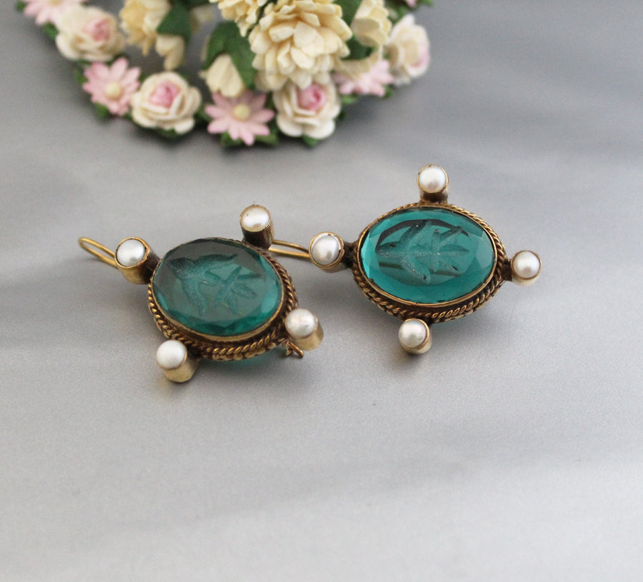 Green Glass Intaglio Earrings, Edwardian Style, Gold Vermeil with Pearls, photo 12