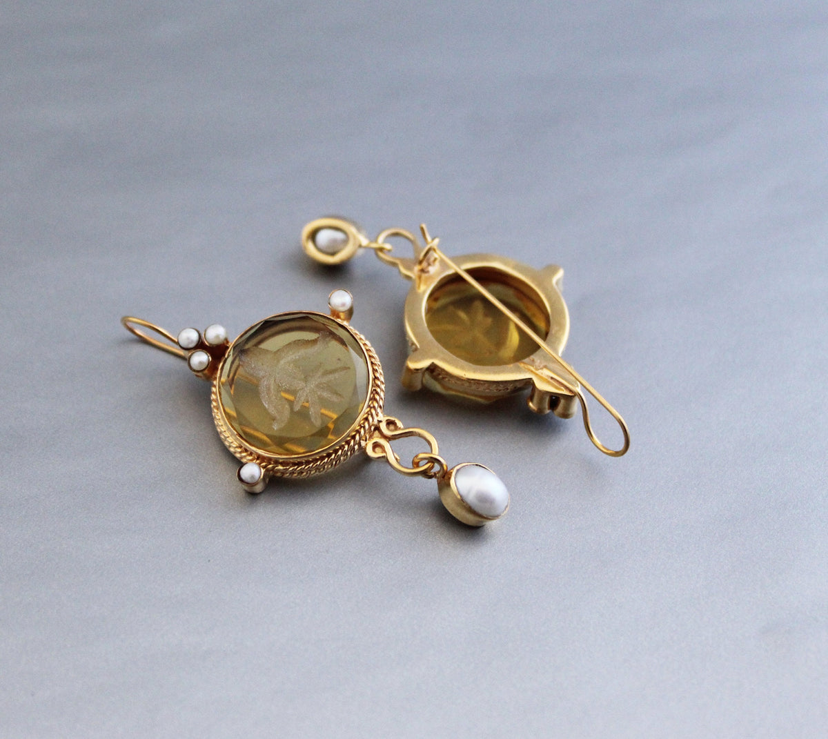 Fleur-de-lis Intaglio Earrings, Victorian Style, 14K Gold, photo 7