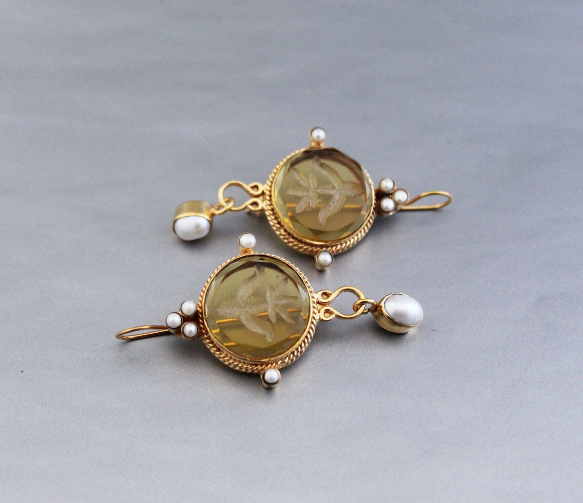 Fleur-de-lis Intaglio Earrings, Victorian Style, 14K Gold, photo 8