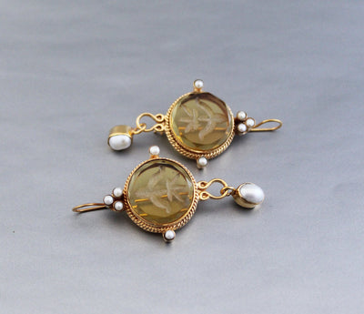 Fleur-de-lis Intaglio Earrings, Victorian Style, 14K Gold, photo 8