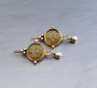 Fleur-de-lis Intaglio Earrings, Victorian Style, 14K Gold, photo 10