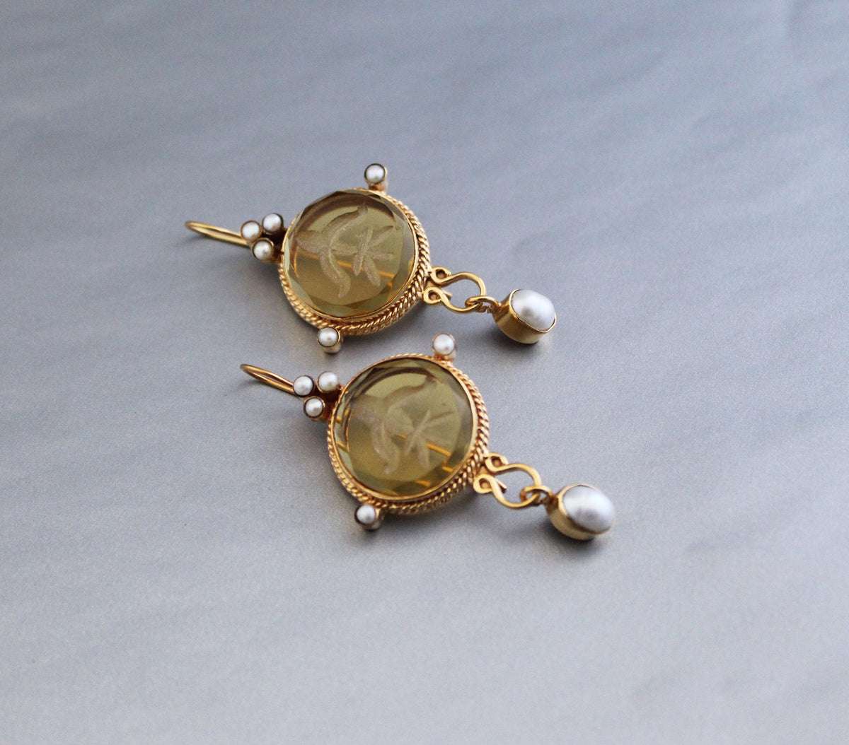 Fleur-de-lis Intaglio Earrings, Victorian Style, 14K Gold, photo 9