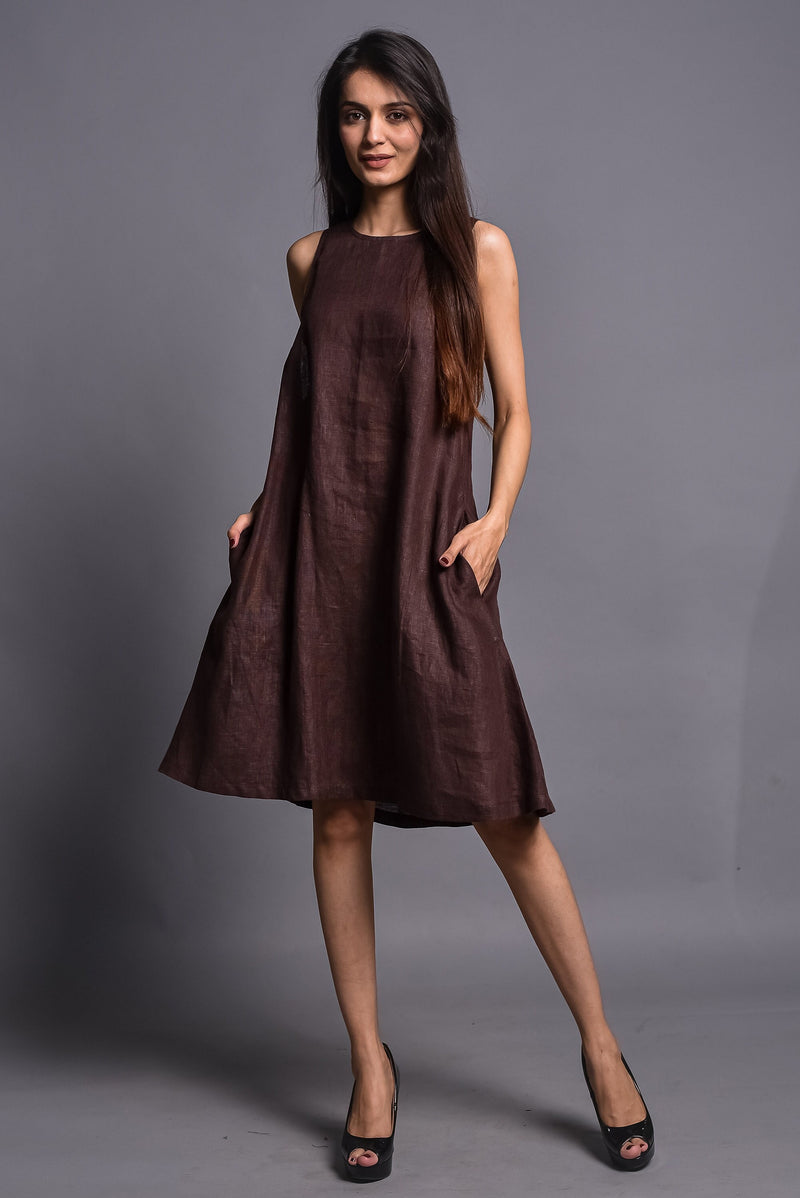 Brown Sleeveless Linen Slip Dress