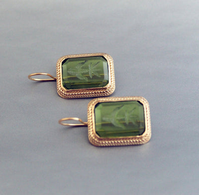 Green Glass Intaglio Drop Earrings, Victorian Art Deco, 18K Gold Vermeil, photo 12