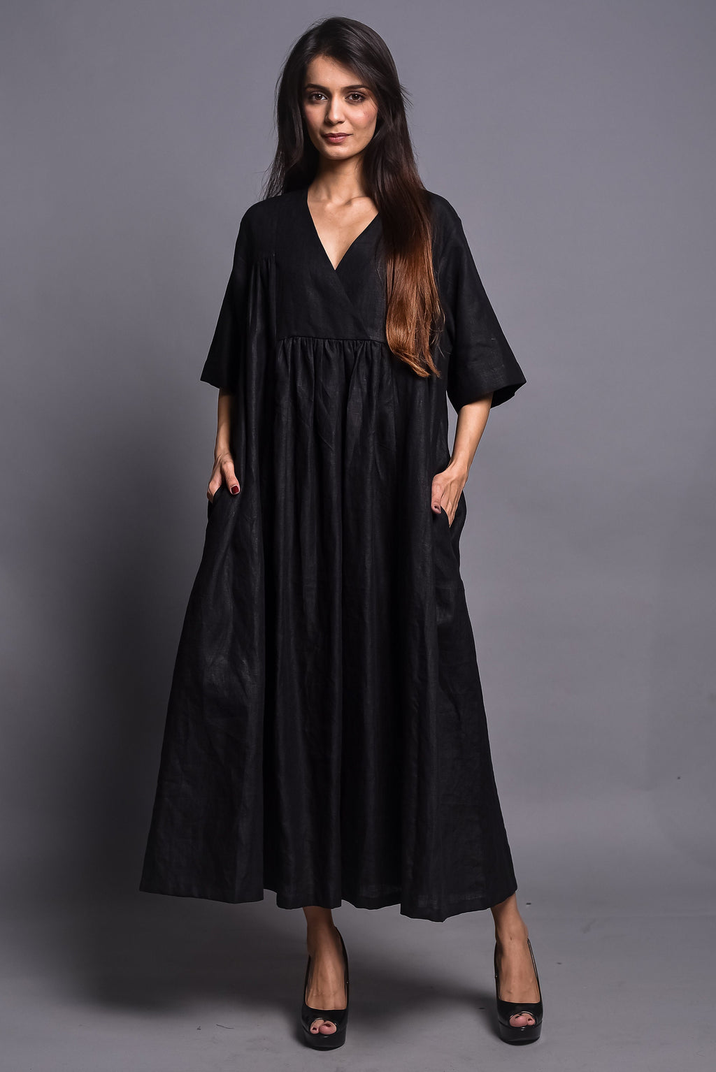 Washed Linen Maxi Dress: Wrap Style with Pockets