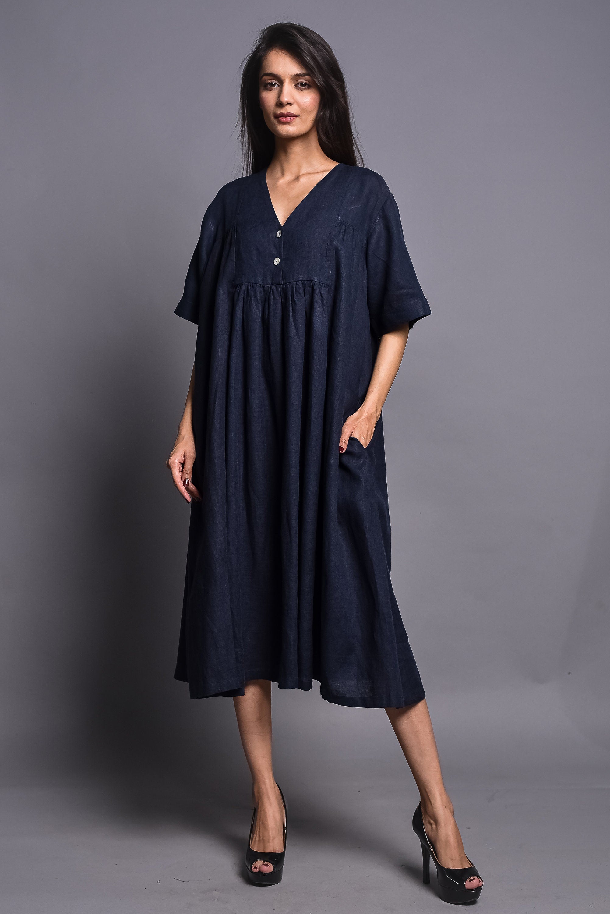Blue Linen Tunic Dress Loose Fit Boho Plus Size Clothing Smock Dress Washed Natural Pure Linen Dress Pehrodesign Women Linen V-Neck Dress