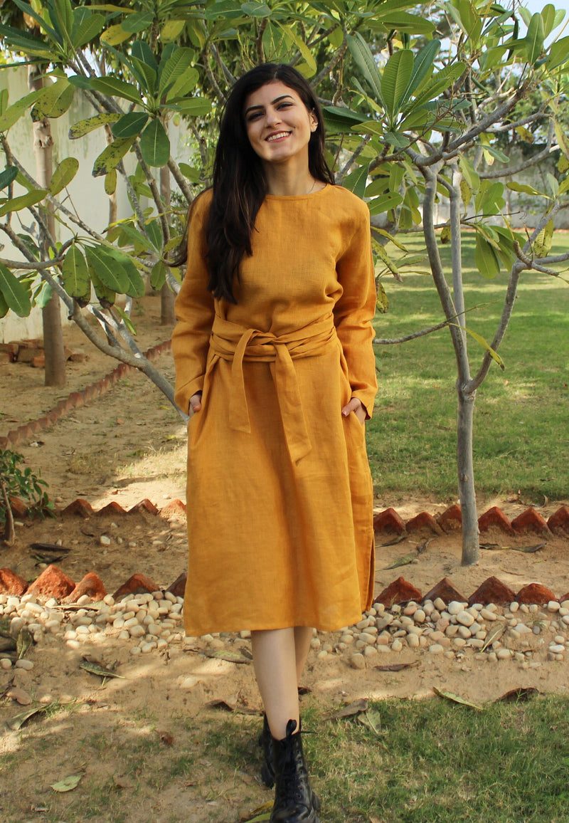 Long Sleeve Linen Midi Dress with Belt, Plus Size Kimono Style, Loungewear with Pockets, Linendresses, Belted Linen Dress