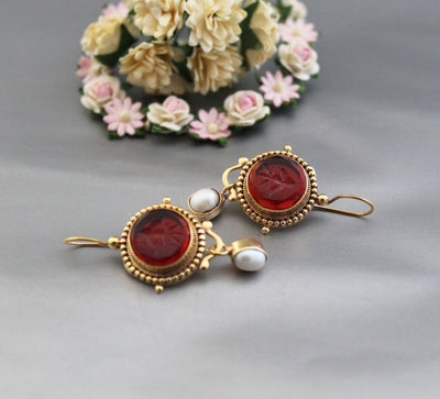 Red Intaglio Earrings, Victorian Art Deco Style, Gold, photo 7