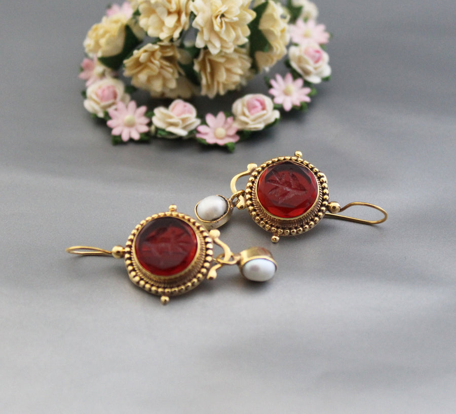 Red Intaglio Earrings, Victorian Art Deco Style, Gold, photo 7