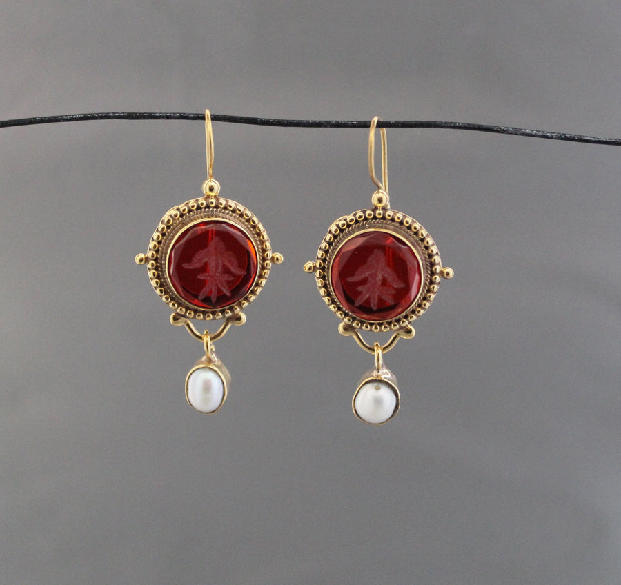 Red Intaglio Earrings, Victorian Art Deco Style, Gold, photo 10