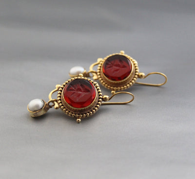 Red Intaglio Earrings, Victorian Art Deco Style, Gold, photo 2