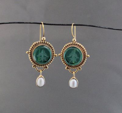 Green Glass Intaglio Earrings, Vintage Dangles, 14K Gold