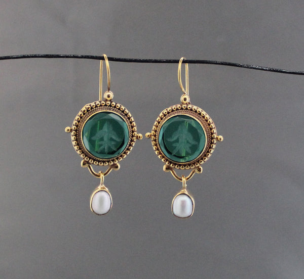 Green Glass Intaglio Earrings, Vintage Dangles, 14K Gold