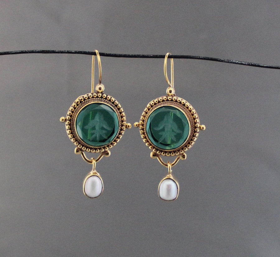 Green Glass Intaglio Earrings, Vintage Dangles, 14K Gold