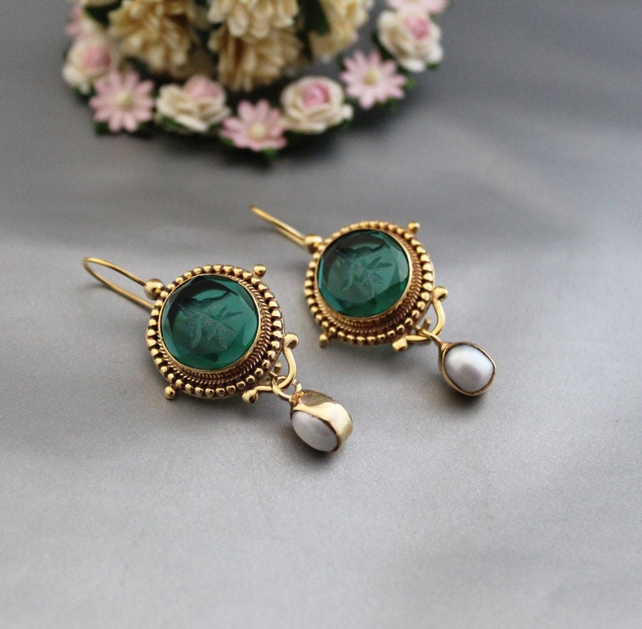 Green Glass Intaglio Earrings, Vintage Dangles, 14K Gold, photo 2