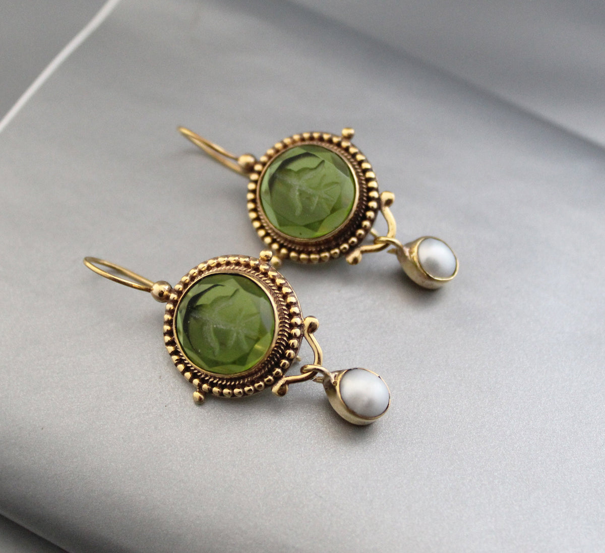 Green Glass Intaglio Earrings, Vintage Victorian Style, Gold, photo 4