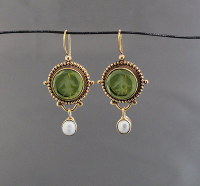 Green Glass Intaglio Earrings, Vintage Victorian Style, Gold, photo 9