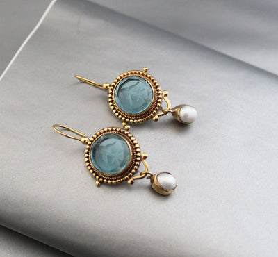 Blue Quartz Intaglio Earrings, Pearl Drops, Gold, photo 7