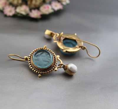 Blue Quartz Intaglio Earrings, Pearl Drops, Gold, photo 6