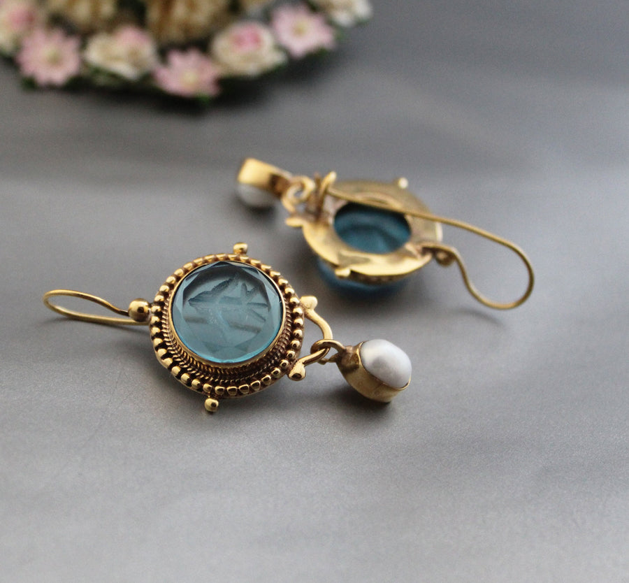 Blue Quartz Intaglio Earrings, Pearl Drops, Gold, photo 6