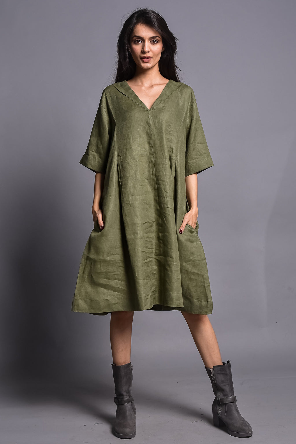Pure Linen Tunic Dress: V-Neck, Half Sleeve, Plus Size