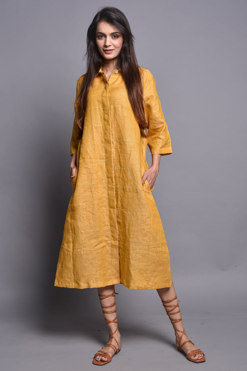 Relax fit Linen Tunic Dress with Straight collar and Concealed Placket, Nursing Friendly, Linen Mid calf dress, Soft Linen Dress with Pocket