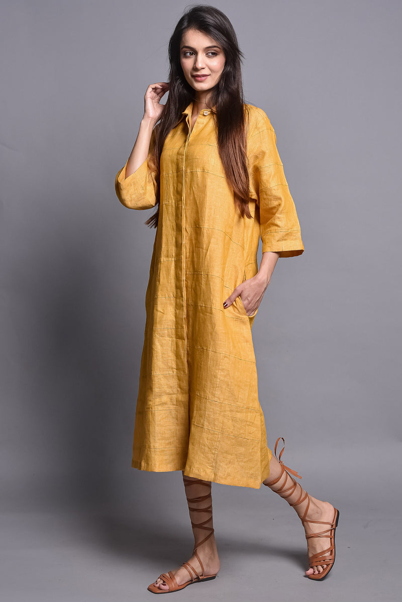 Relax fit Linen Tunic Dress with Straight collar and Concealed Placket, Nursing Friendly, Linen Mid calf dress, Soft Linen Dress with Pocket