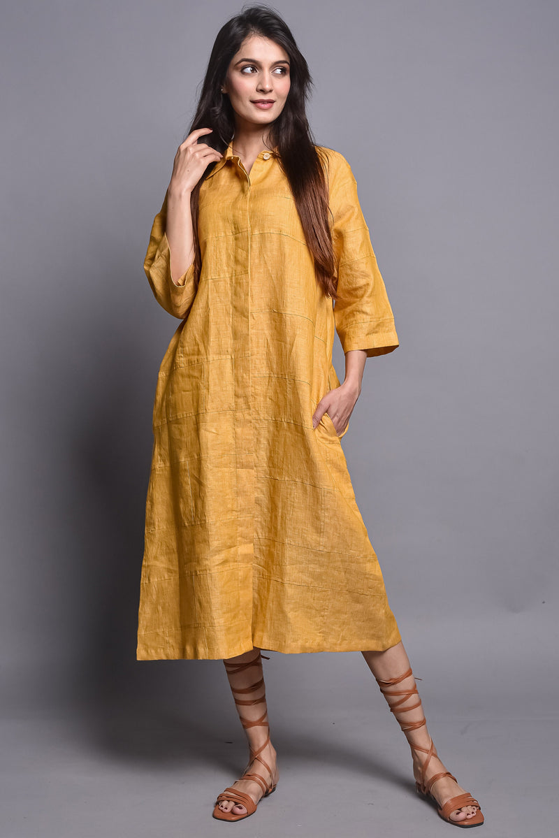 Relax fit Linen Tunic Dress with Straight collar and Concealed Placket, Nursing Friendly, Linen Mid calf dress, Soft Linen Dress with Pocket